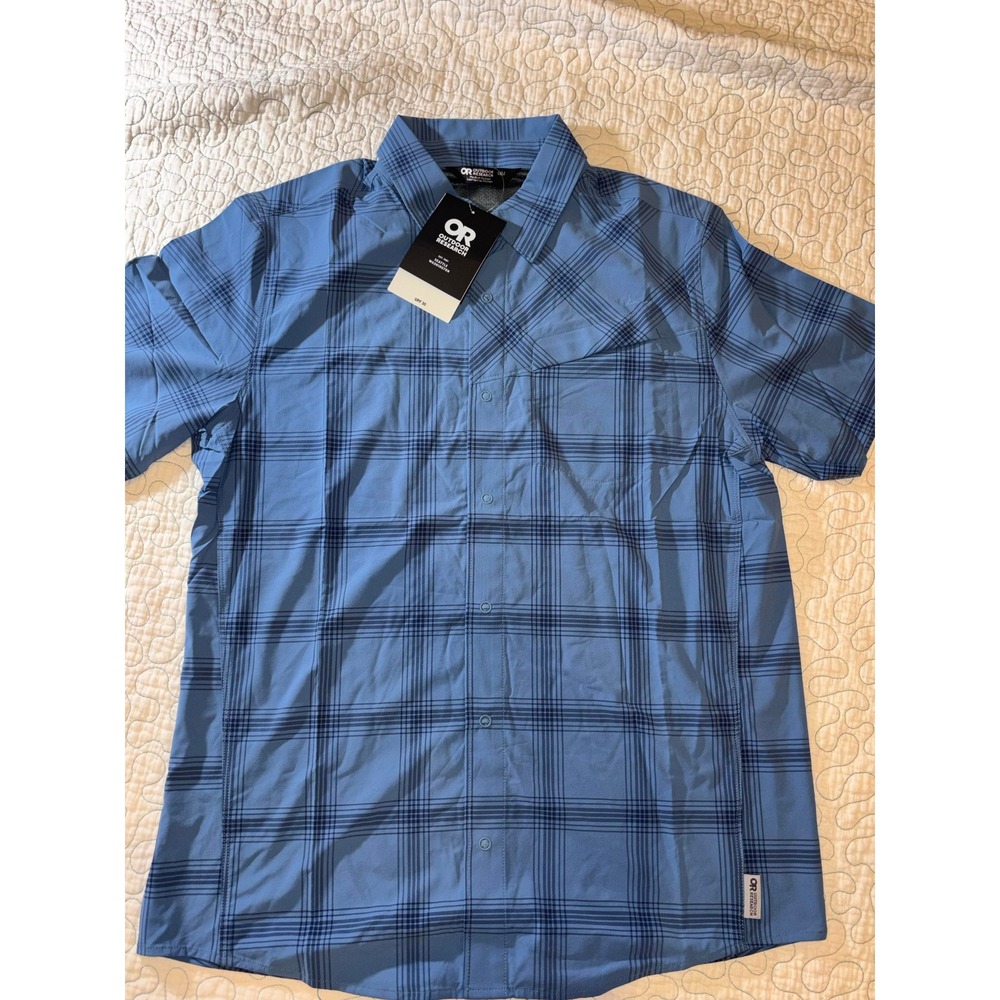 Outdoor Research Mens Astroman Short Sleeve Sun Shirt Blue Plaid Size Medium